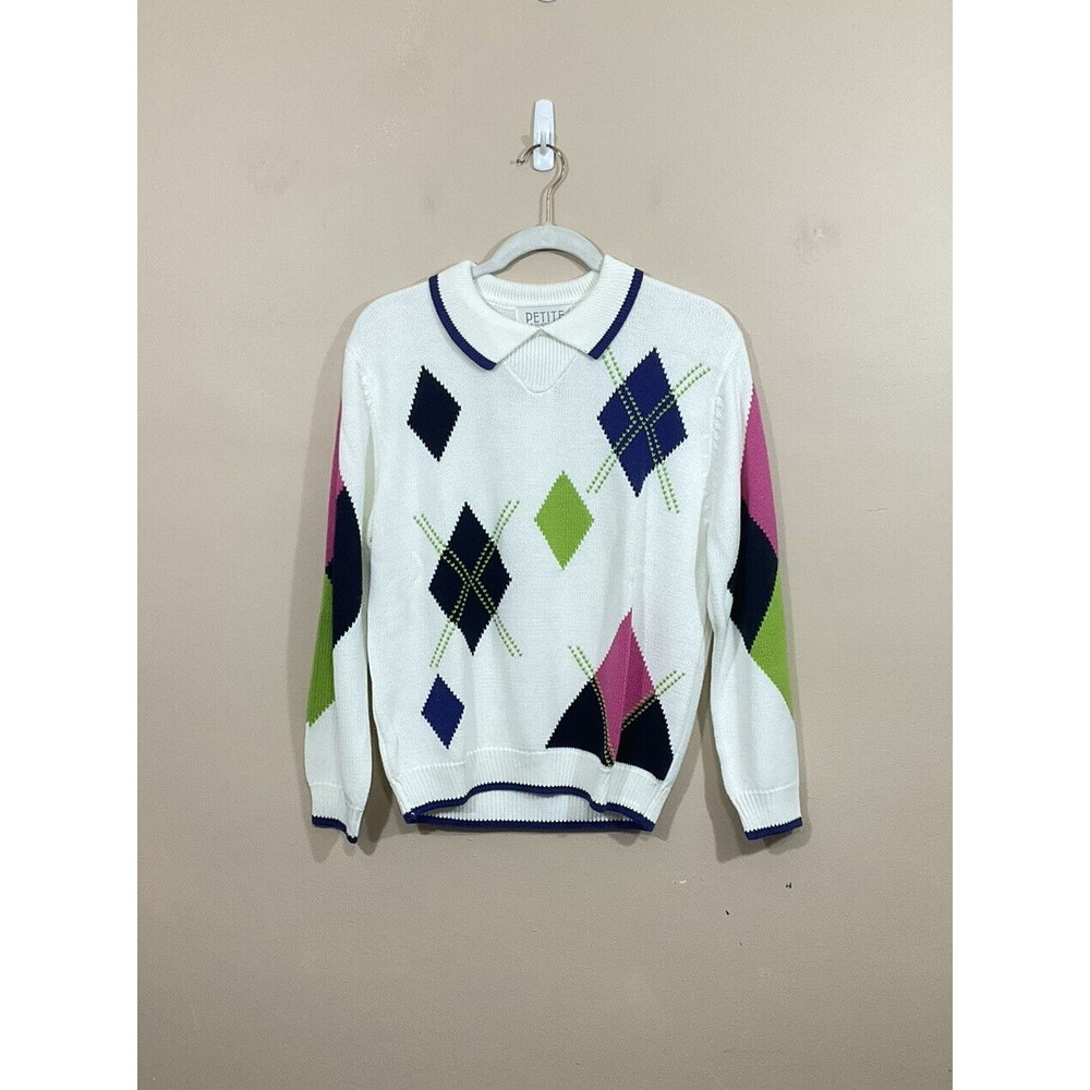 VTG Womens Argyle Sweater M Petite White Preppy Classic Academia 90s Granny NWT